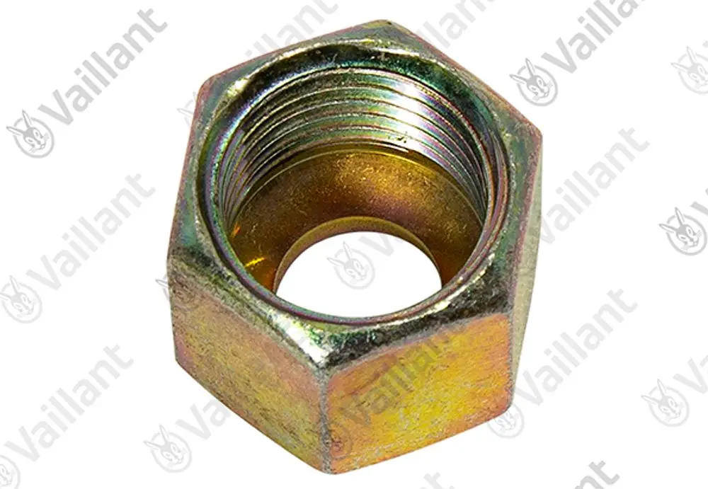 Vaillant Überwurfmutter aus metallischem Material, mit Gewinde innen und sechsseitigem Kopf zum Anziehen, auf neutralem Hintergrund.
